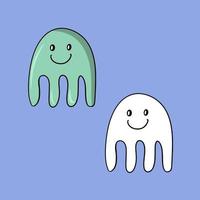 A set of pictures. Sea life, cute green jellyfish with a smile, vector illustration in cartoon style, doodle