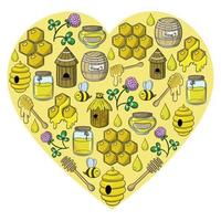 Honey collection in the shape of a heart, vector illustration in cartoon style on a yellow heart