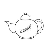Monochrome round teapot for brewing tea with autumn pattern, vector illustration in cartoon style on a white background