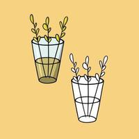 A set of pictures, Simple twigs with autumn leaves in a tall glass vase, vector illustration in cartoon style on a colored background