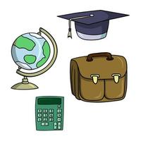 A set of icons, a school collection, a globe on a stand, a green calculator, briefcases and a graduate hat, a vector illustration in cartoon style