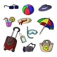 conjunto de iconos de colores, vacaciones turísticas en la playa, viajes, ilustración vectorial en estilo de dibujos animados sobre un fondo blanco