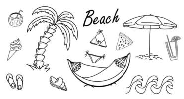 WebBeach theme doodle set. Various seaside sport activities and relaxation - surfing, beach volley, diving, swimming, sun tanning. Wildlife of the coast - seagull, crab, shark, jellyfish, seashells vector