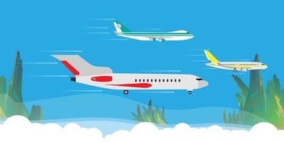 avión vuela en el concepto de banner de ilustración de cielo de nubes. viajes turismo jet dirección apartamento de vacaciones. vehículo comercial de pasajeros de dibujos animados vector