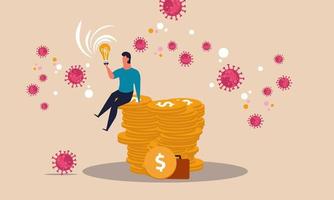 Successful business stock market company and impact coin. Pandemic risk money and finance vector illustration concept. Man with light bulb idea and global innovation investment. Motivation trade