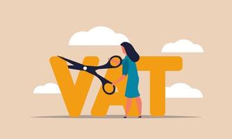 Vat economic budget after coronavirus and money taxes. Woman with scissors cutting income cash vector illustration concept. People refund value and percent business. Commission tax and debt reduce