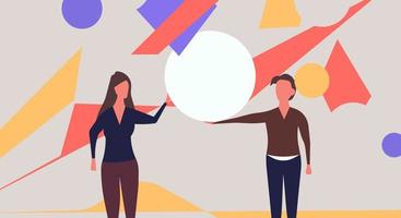 People organize abstract shape vector flat illustration teamwork. Character man and woman work with geometric figure and hold circle. Cooperation idea banner