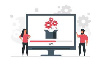 instalación de firmware y software del dispositivo. la gente está tratando de actualizar el dispositivo. Ilustración de vector de ingeniería de dispositivo de firmware de hombre y mujer