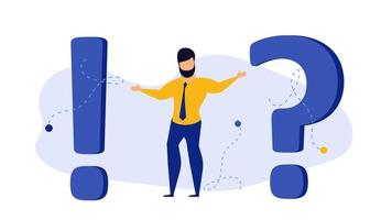 Person man asked question mark vector concept illustration people. Business cartoon character businessman answer help. Confusion problem support FAQ. Frequently choice office thinking background