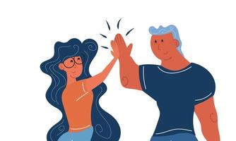 Man and woman give high five with hand and success team together. Character partnership gesture vector illustration. Friend communication and achievement meeting. Partner cheerful and clap up support