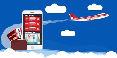 Find best deals cheap flight online travel plane vector illustration. Business booking service trip vacation reservation. World map airline banner agency adventure tour