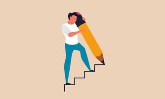 Staircase business effort and rise career development with goal. Man climb with pencil and draw vector illustration concept. Professional person grow and success achievement on sketch ladder with job