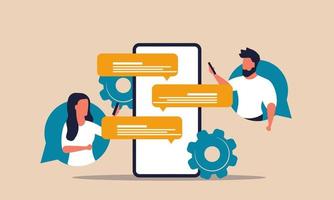 Online comment on phone with man and woman. User talk and message network on chat vector illustration concept. Feedback and support people with smartphone. Human dialog or conversation with connection