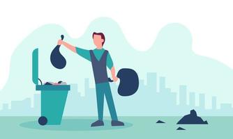 Man throwing out waste and recycling garbage. Rubbish trash bin and environment clean vector illustration. Ecology basket recycle and dump pollution environmental. Eco littering and conservation bag