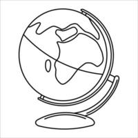 WebSketch of a school globe on a stand. Element for the education and study of geography. Hand drawn and isolated on white. Black and white vector illustration.