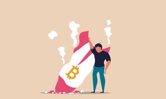 bitcoin down y cambio de precio de moneda criptográfica. cohete btc caída con volatilidad inversión vector ilustración concepto. colapso del comercio y reducción de la bolsa de valores. blockchain de comercio virtual falla