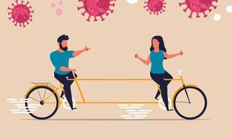 Social distance of society. People stay away from each other vector illustration. A man and a woman on a bicycle keep the distance. Danger of virus in public places concept. People fear coronavirus