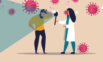 prueba de covid 19 con una doctora. hombre de diagnóstico de coronavirus y concepto de ilustración vectorial de síntomas médicos. infección de personas corona virus y estación de hospital de laboratorio. clínica de prevención y tratamiento vector