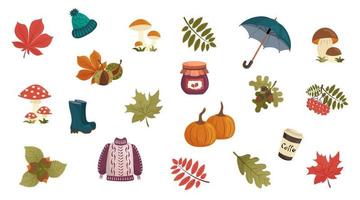 Collection of autumn attributes, autumn elements. Vector set of fall icons or stickers, autumn card.