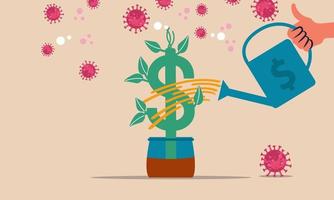 Business recovery and the better economic investment for the dollar. Hand watering money tree from coins and profit return back vector illustration concept. Future to increase income finance growth