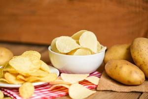 Potato chips snack on white bowl, Crispy potato chips on the table food and fresh raw potatoes on wooden background photo