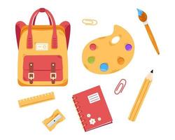 Vector back to school set. Cute collection of school supplies for children. Colorful flat design. Backpack, ruler, notebook, paints, pencil.