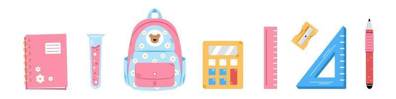 Vector back to school set. Cute pink collection of school supplies for children. Colorful flat design. Backpack, calculator, pen, ruler, sharpener, notebook and test tub.