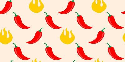 Vector seamless pattern of chilli pepper with fire.