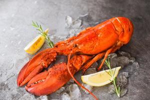 Fresh lobster food on a black plate background red lobster dinner seafood with herb spices lemon rosemary served table and ice in the restaurant gourmet food healthy boiled lobster cooked