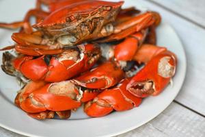 Cangrejo de garra cocinando comida plato de mariscos, cangrejo fresco en un plato blanco hervido o rojo cangrejo al vapor en el restaurante foto