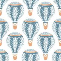 Pastel seamless pattern with hot air balloon. Vector background in block print style.