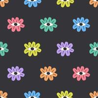 Simple seamless pattern colorful flowers on black background. Floral design, psychedelic flowers with eye. Hand drawn vector illustration