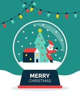 Merry christmas snow globe with forest tree, house and santa under the snow in colorful flat style. Happy New Year greeting card. Vector illustration