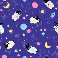 Colorful seamless pattern with funny sheep in space, stars, and planets in Scandinavian style. Vector illustration.