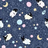 Seamless pattern with funny sheep in space, stars, and planets. Cute sheeps with night sky elements in Scandinavian style. Vector illustration.