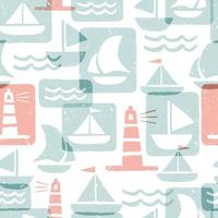 Pastel seamless pattern with ship and lighthouse. Vector background in block print style.