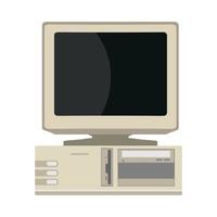 Equipo de dispositivo de vista frontal de computadora retro icono de vector plano. PC de la máquina de los 90