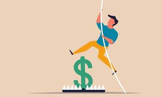 Businessman pole vaulting and business career achievement. Man jump up for obstacle and problem growth people vector illustration concept metaphor. Motivation leader and target goal hardship.