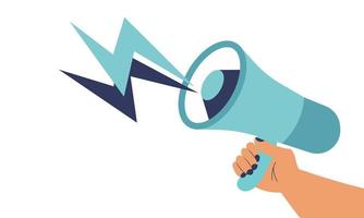 Hand with megaphone and business announce marketing communication. Speaker message advertisement vector illustration. Loudspeaker attention and alert public promotion. Announcement broadcasting media