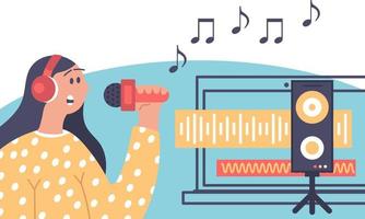 Woman engineer music and sound on workstation. Character composer mixing vocals and audio song vector illustration. Producer with headphone and equalizer media. Vocalist musician and recording stereo