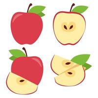 Set of red apples whole and cut with green leaves vector