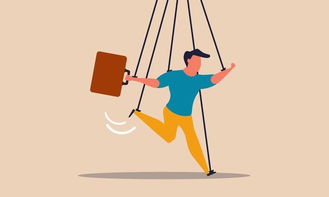Domination boss and puppet pulling slave man. Business controlled and dominate vector illustration concept. People office worker exploitation and manipulation employee marionette. Dictator and doll