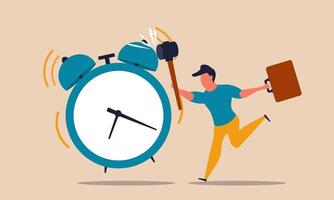 Deadline postpone alarm clock with hammer and man. Awake dream office work and reminder time vector illustration concept. Postponement and procrastination productivity person. Business schedule later