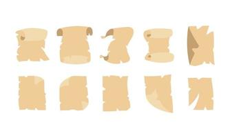 juego de pergaminos de papel antiguo y documento de pergamino antiguo. antigua ilustración de vector de página de manuscrito en blanco y vintage. marco de carta retro o papiro sucio grunge. papel rizado texturizado y pasado de moda