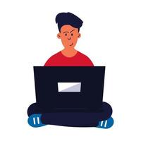 Man sitting with laptop vector illustration. Young person with business computer and work on internet. Character  office job and professional working employee. Workplace at home and guy freelancer