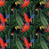 hojas tropicales y pájaros tropicales diseño de selva perfecta vector