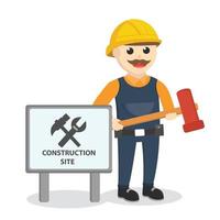 construction worker holding hammer beside sign design character on white background vector