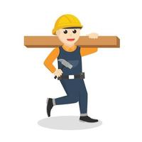 trabajador de la construcción que lleva un bloque de carácter de diseño de madera sobre fondo blanco
