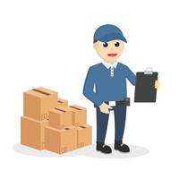 delivery man checking boxs design character on white background vector