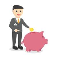 bank teller holding coins beside of giant piggy bank design character on white background